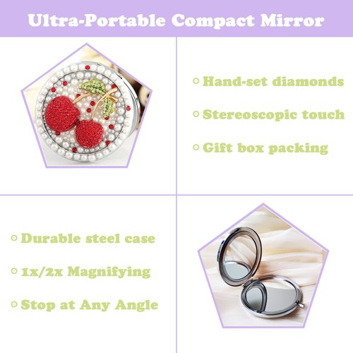 Amanman Cute Compact Mirror Cherry Small Mirror Girl's Gift Travel Mirror 1x/2x Magnification Travel Makeup Mirror (Cherry)