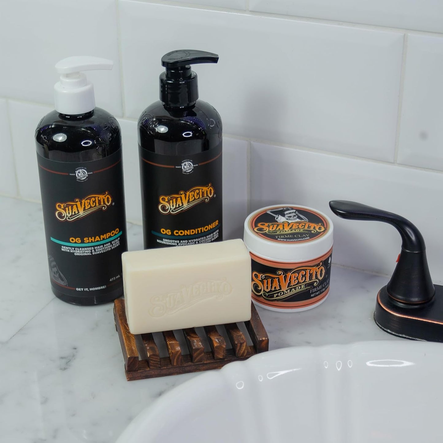 Suavecito Hair & Body Essentials Set | 4-Piece Styling Pomade, Moisturizing Soap, Hydrating Shampoo & Conditioner