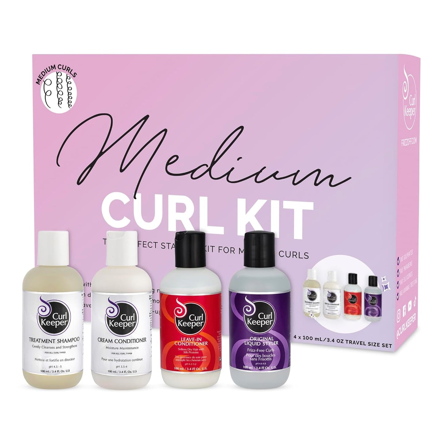 Curl Keeper Tight Curl Starter Kit for Coily Hair - Travel Size Set Includes Original Liquid Styler, Silk Shampoo, Silk Conditioner & Styling Cream - Maximum Definition & Shine with Zero Frizz
