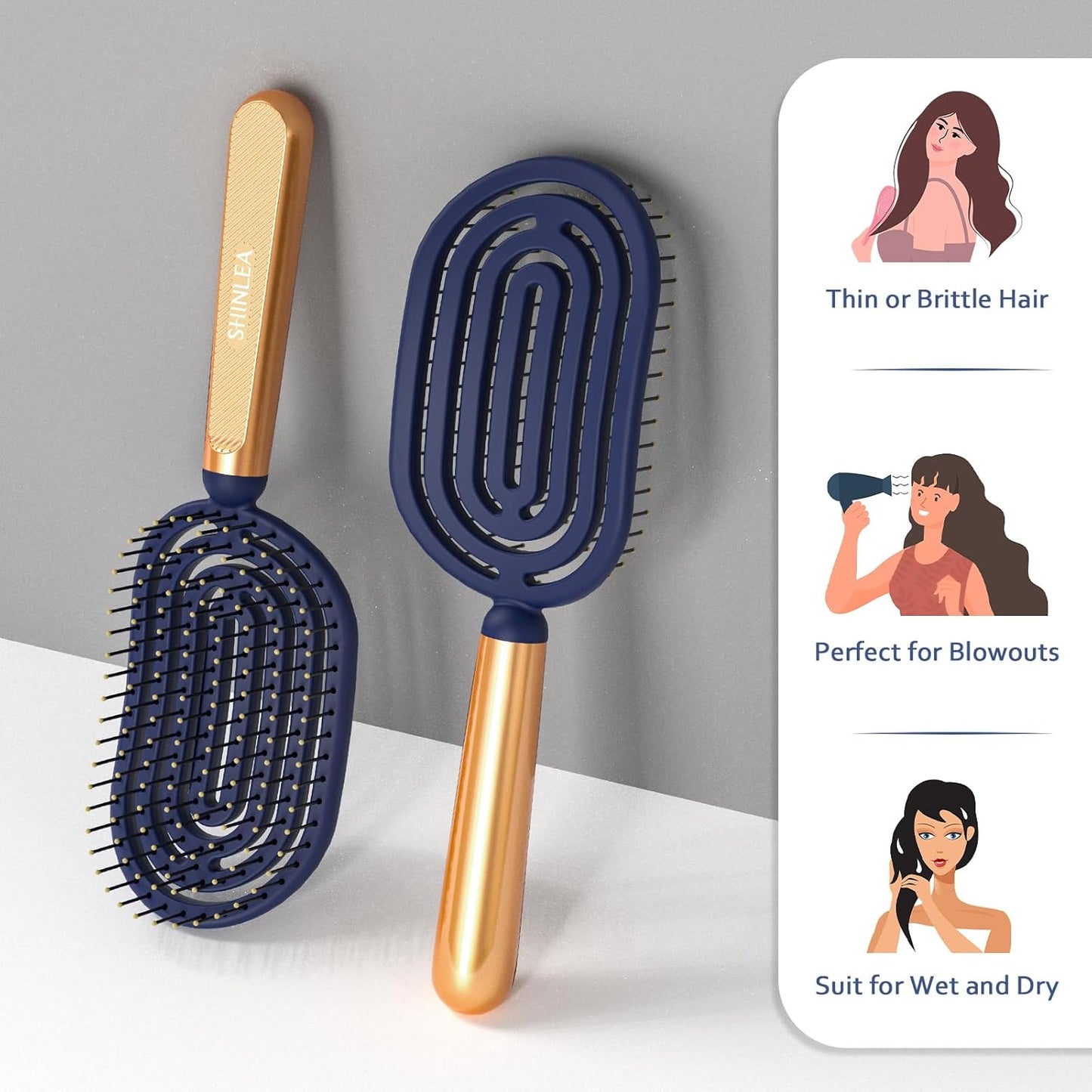 SHINLEA Speed Dry Detangler Brush - Metal-Infused Gold Handle & Curved Design for Wet Hair