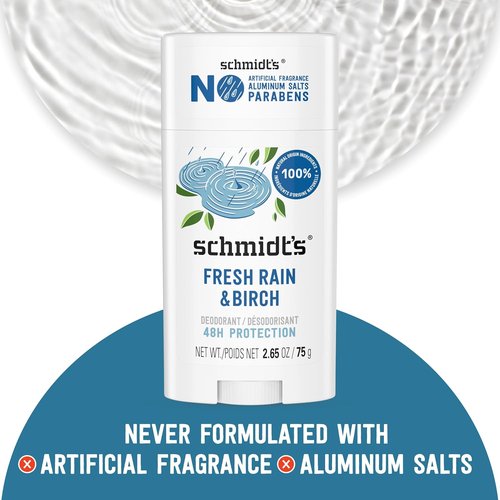 Schmidt's Vegan Deodorant - Aluminum-Free Fresh Rain & Birch | 24-Hour Odor Protection, 2.65 oz