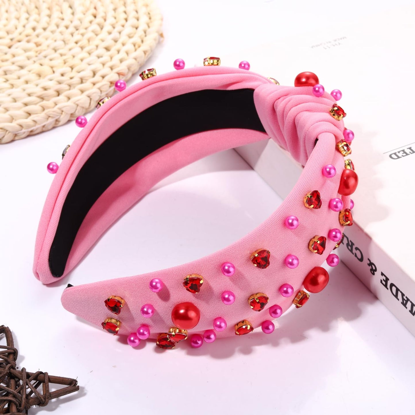 GLBCC Valentines Day Headband Red Heart Rhinestone Knotted Headband Hot Pink Pearl Wide Top Knot Hairband for Women Valentine Holiday Fashion Head Band Hair Accessories (pink knot hairband A)