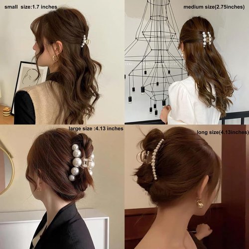 Hair Clips for Women, Large Pearl Hair Claw Clip Set Strong Hold No Slip, Banana Jaw Clip Barrettes, Hair Accessories Birthday Wedding Mothday’s Day Gift for Girl Wife Styling Thick Thin (4 PCS)