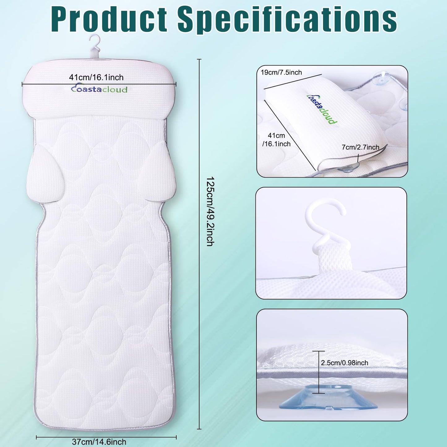 Full Body Bath Pillow, Bathtub Mattress Luxury Cushion with Large Suction Cups, Comfort Support Your Head, Neck, Shoulder, Back and Tailbone, Relax & Quick Drying, White