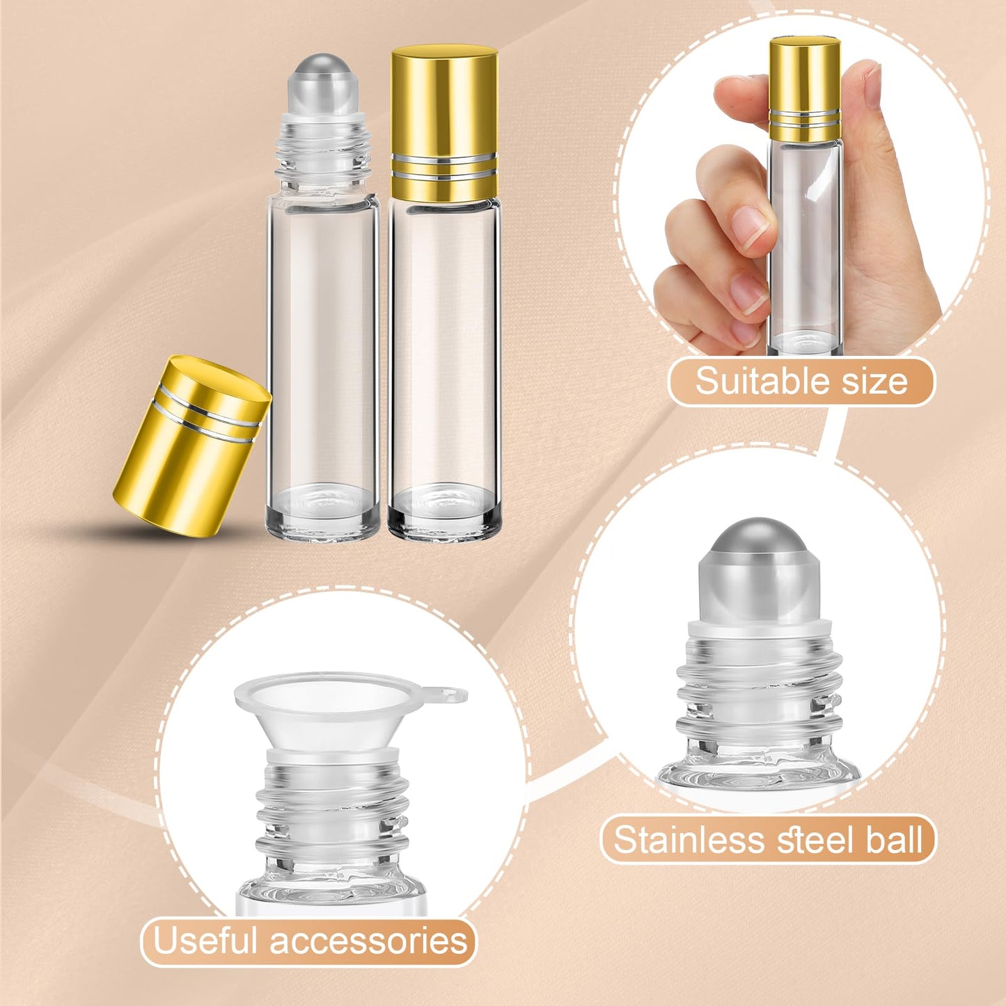 SEEWEY 96 Pcs Essential Oil Roller Bottles 10ml Empty Glass Roller Bottles with Stainless Steel Balls Protection Leakproof with 5 Funnel for Travel Perfume Lip Gloss(Clear, Gold Lid)