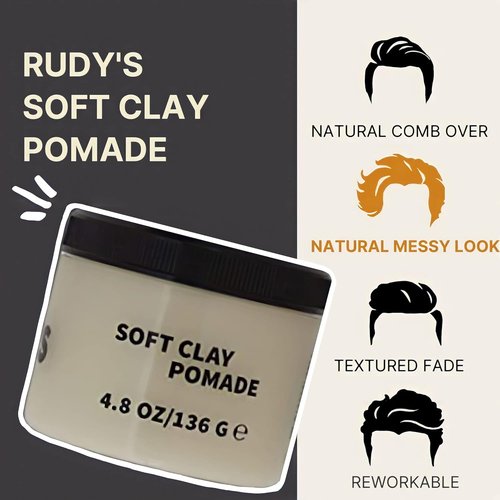 Rudy's Soft Clay Pomade - Lightweight, Pliable Hold for Waves & Texture - Paraben Free (2.2 oz)