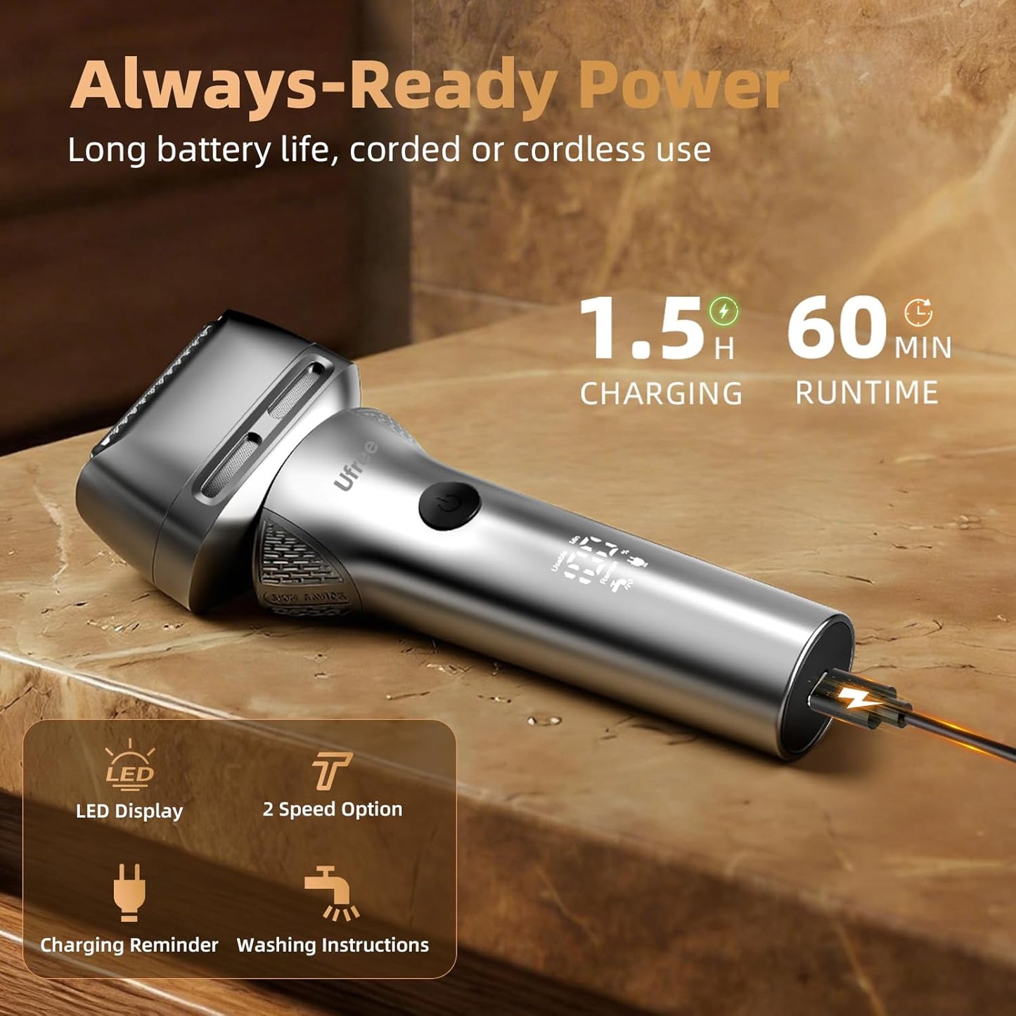 Ufree Foil Shaver - 8,500 RPM Electric Razor for Men | Wet & Dry, Rechargeable, IPX7 Waterproof, Silver