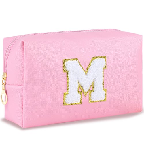URSKYTOUS Gifts for Girls Initial Makeup Bag Personalized Cosmetic Bag with Zipper Cute Travel Toiletry Bag Waterproof PU Preppy Makeup Pouch Birthday Gift for Teen Girls Women(Pink M)