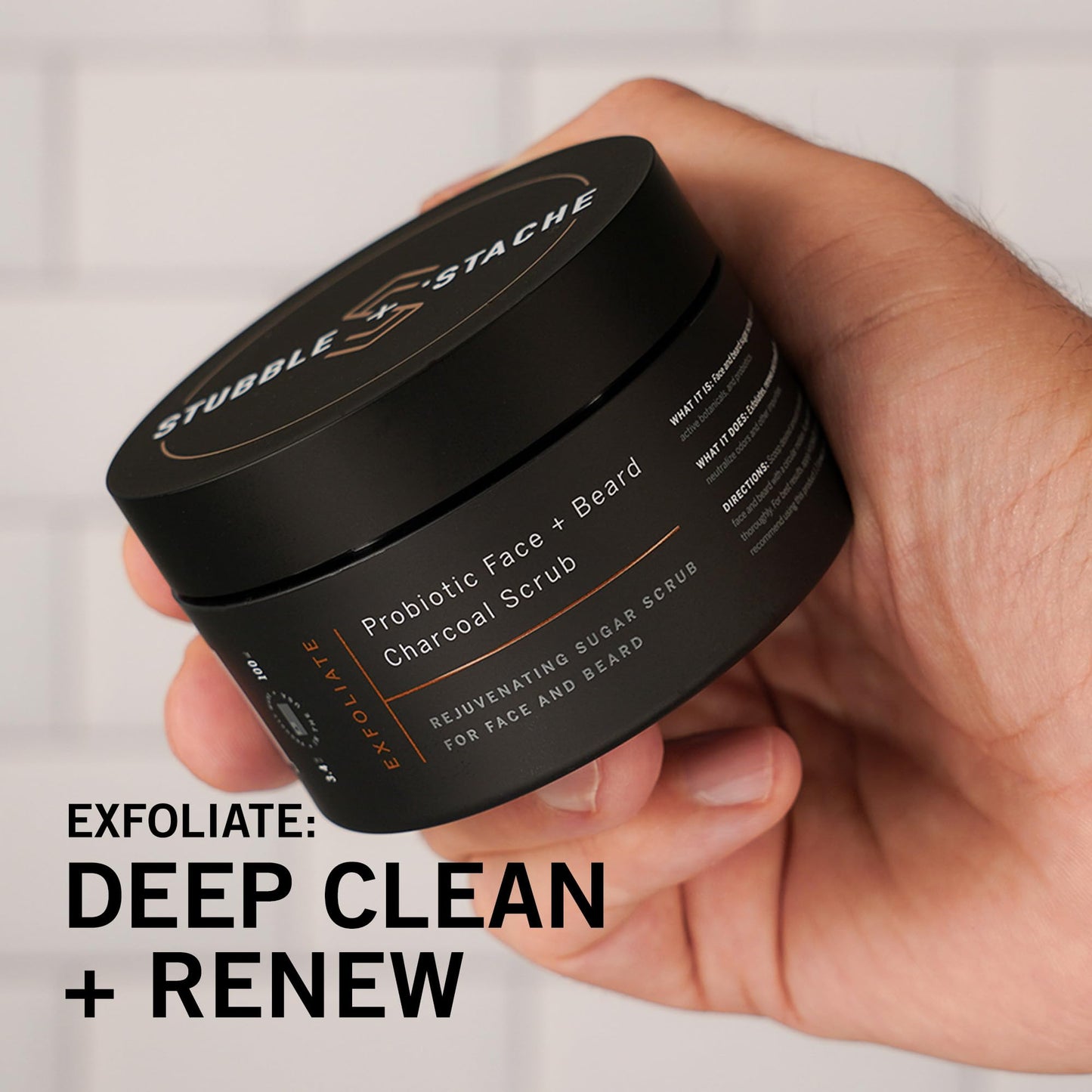 stubble & stache Exfoliating Probiotic Face & Beard Charcoal Sugar Scrub for Men - Deep Cleanse, Pre-Shave Wash, Natural Pore Minimizing Scrub for Daily Use - 3.4 fl oz