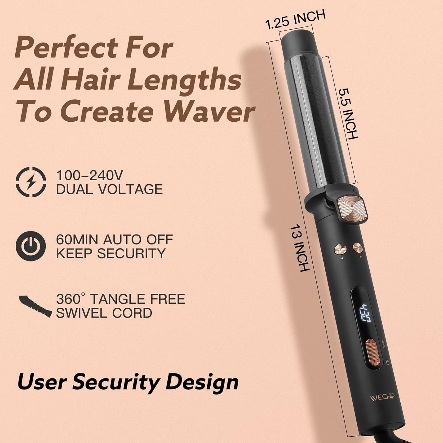 WeChip Automatic Curling Iron - 1.25 Inch Tourmaline Ceramic Curling Wand for All Hair Types | 5 Heat Settings Up to 430°F