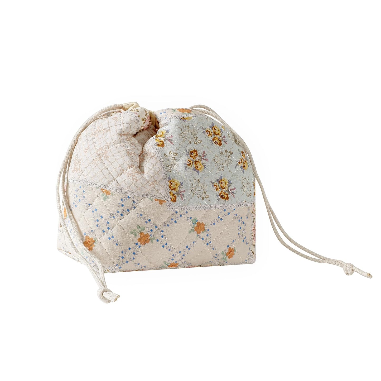 Cotton Quilted Drawstring Makeup Bag with Canvas Lining,Coquette Aesthetic Cute Travel Toiletry Bag,Drawstring Gift Bag for Women and Girls（08Pink Flower）