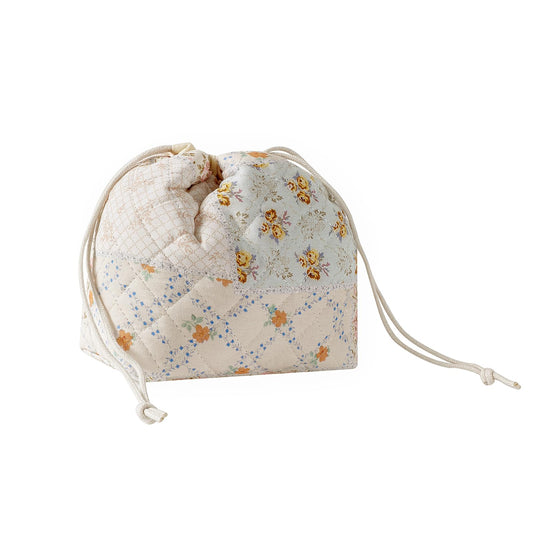 Cotton Quilted Drawstring Makeup Bag with Canvas Lining,Coquette Aesthetic Cute Travel Toiletry Bag,Drawstring Gift Bag for Women and Girls（08Pink Flower）