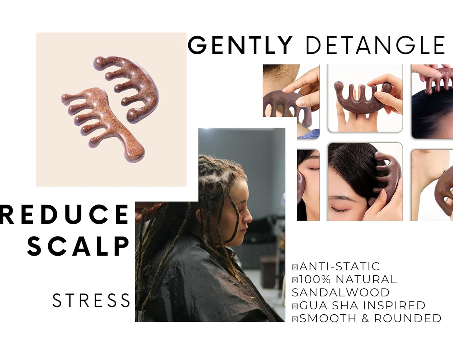 2 Pack Loc Comb, Wide Tooth Comb Made with 100% Natural Sandalwood, Scalp Massager and Gua Sha, Anti-Static Hair Detangler Wooden Comb, Loc Styles for Unisex Use