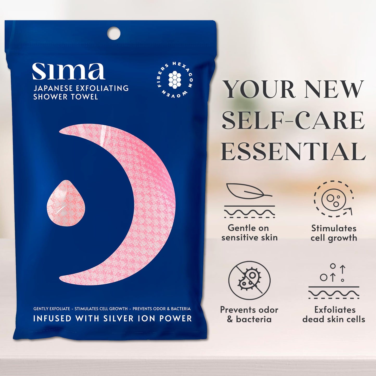 Sima Brand Exfoliating Washcloth Face & Body Scrub Towel - Japanese Exfoliating Towel with Hexagon Fibers, Body Scrubber with 2 Sides for Scrubbing & Washing Extra Long (Pink)