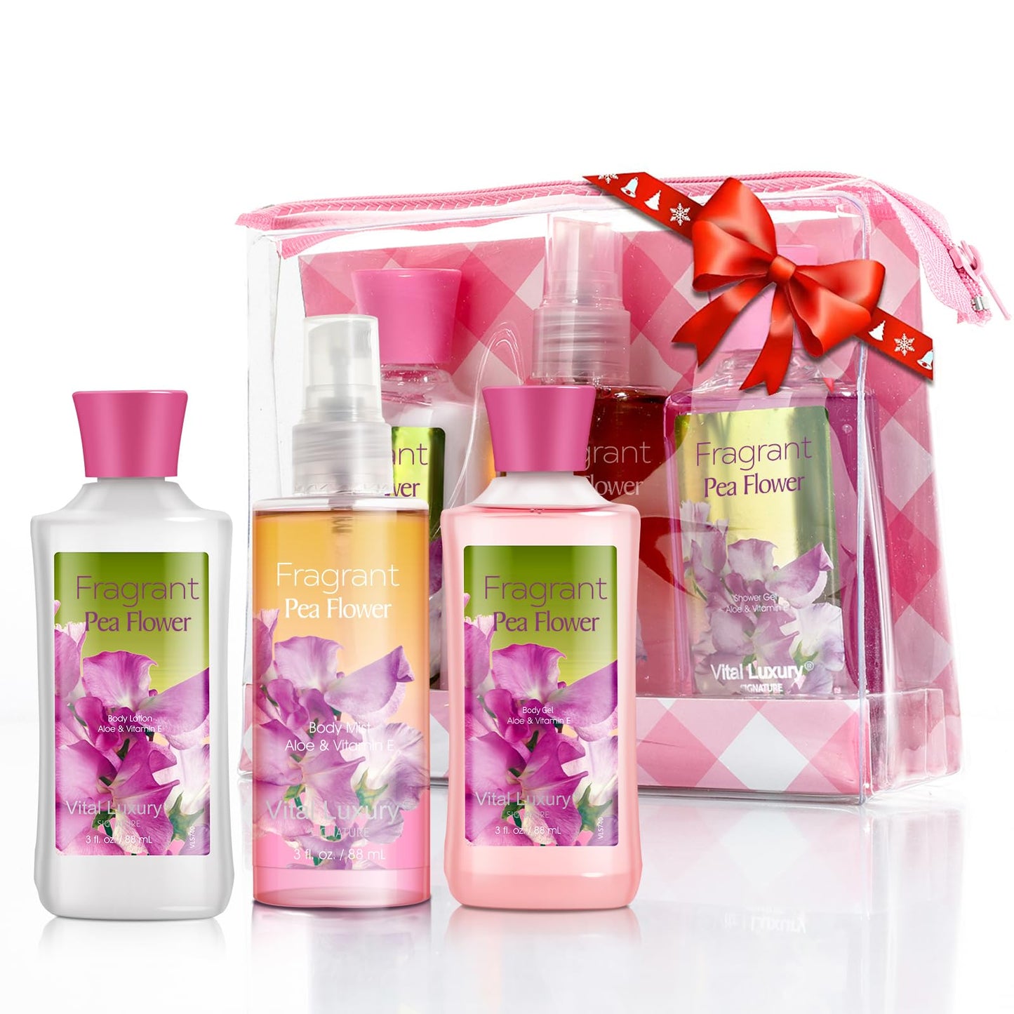Vital Luxury Bath & Body Care Travel Set Pea Flower Scent Home Spa Set with Body Lotion, Shower Gel and Fragrance Mist