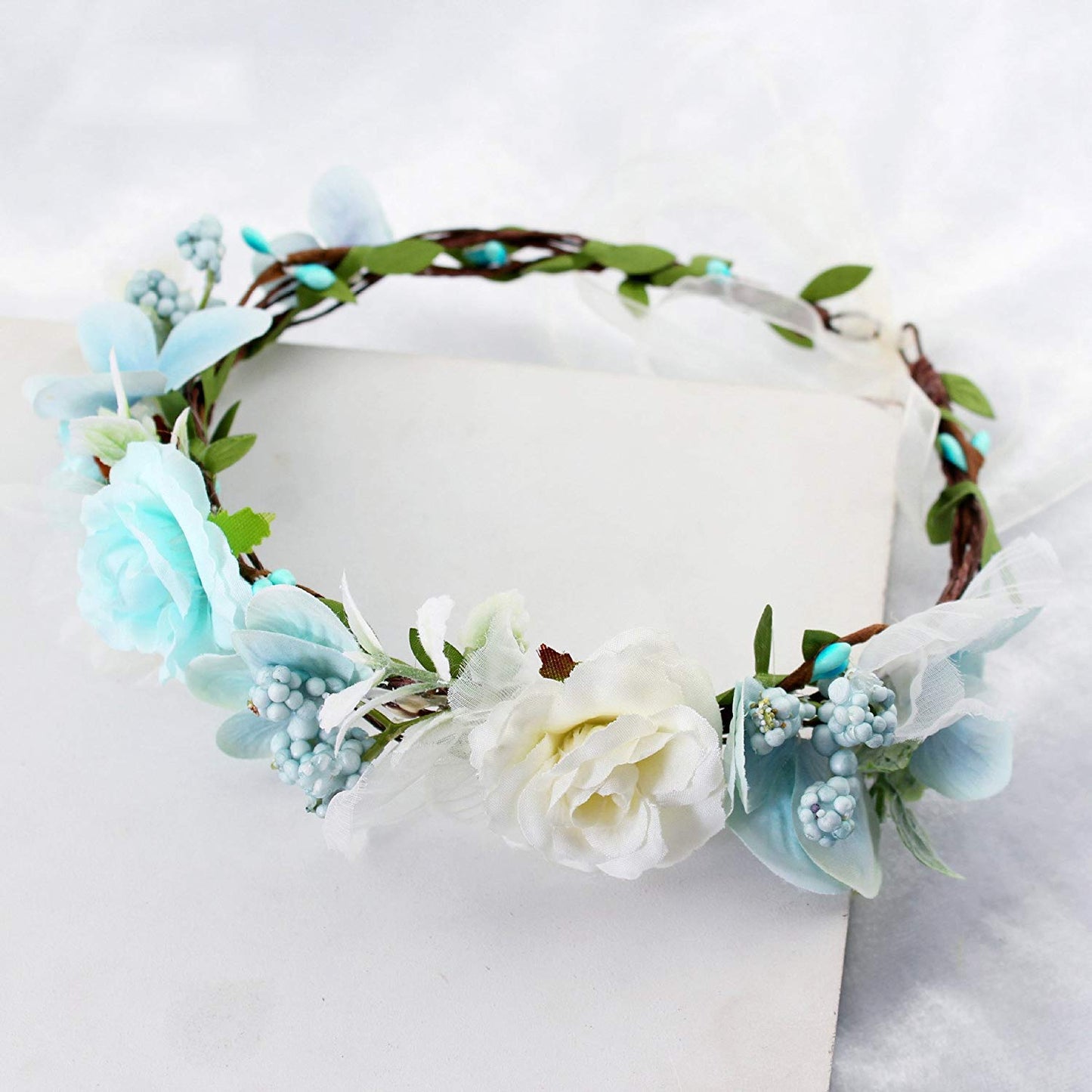 YnimioAOX Handmade Adjustable Flower Wreath Headband Halo Floral Crown Garland Headpiece,B21-Light blue/white