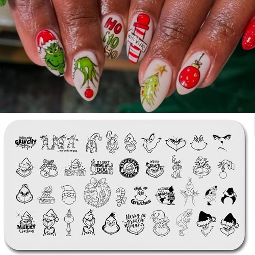 Christmas Nail Stamping Plate Funny Monster Cute Puppy Nail Art Stamp Plates Winter Holiday Nail Stamping Plate Xmas Bell Candy Cane Nail Art Stamping Template for Women Girls DIY Salon 1 Pcs