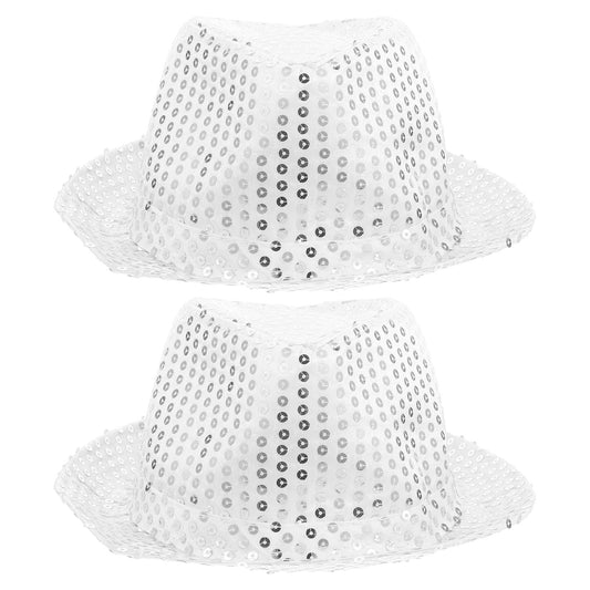 TENDYCOCO Sequin Fedora Hat, 2pcs Fashion Silver Disco-Style Costume Headwear for Women Men, Jazz Hat for Halloween, Steampunk, Derby, Masquerade, Vintage Party