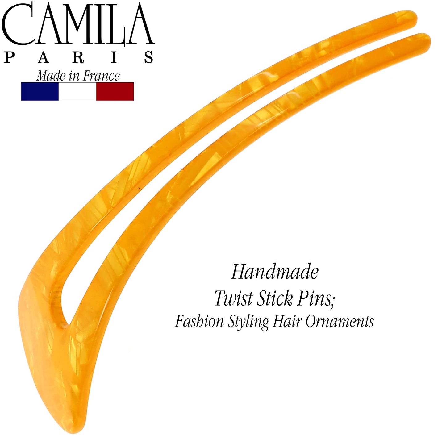 Camila Paris CP3166 French Twist Stick Clip Pins, Orange, Wavy Hair Pin U-Shaped Hair Fork for Girls Spiral Updo Chignon Bun Holder, Fashion Flexible Styling Hair Accessories for Women, Made in France