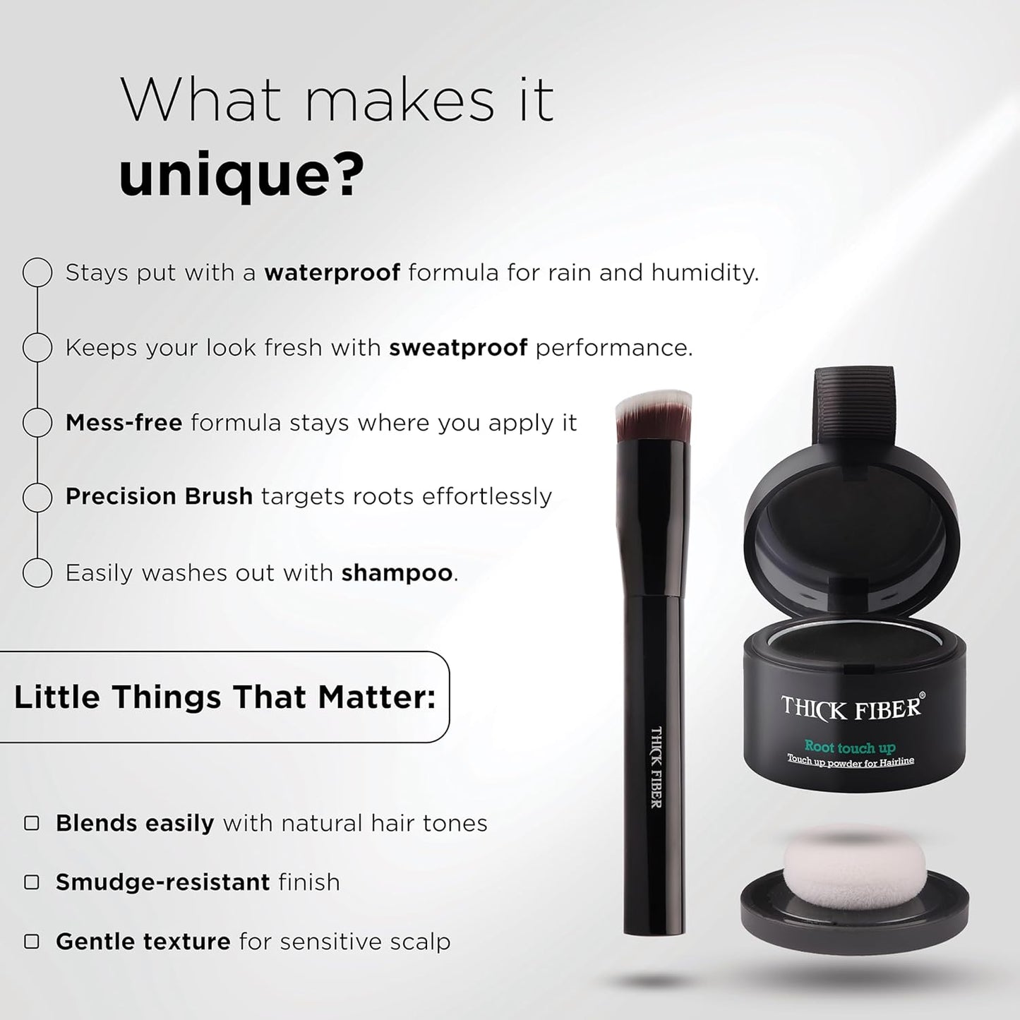 THICK FIBER Root Touch Up Powder - Water & Sweat Resistant Hair Loss Concealer Set for Women | Includes Brush (Black)
