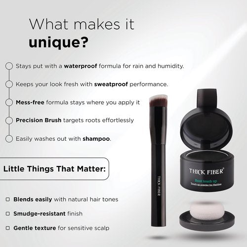 THICK FIBER Root Touch Up Powder - Water & Sweat Resistant Hair Loss Concealer Set for Thinning Hair Women, Includes Brush (Black)