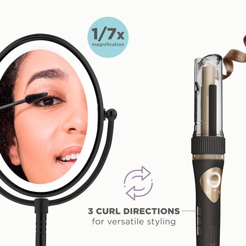 **INFINITIPRO BY CONAIR Curl Secret Automatic Curling Iron - 3/4-Inch Barrel & Lighted Makeup Mirror - Black**