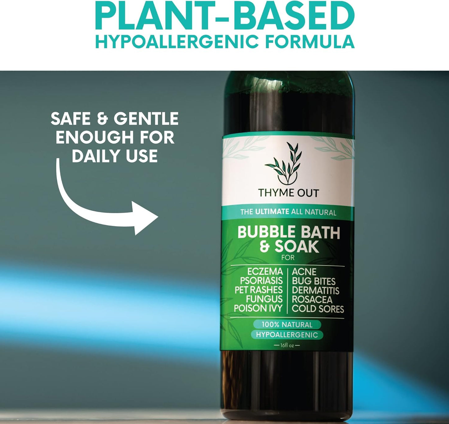 All Natural, Organic Plant Based Bubble Bath - Hypoallergenic Skin-Soothing Thyme Eczema Bath Soak with Colloidal Oatmeal - Sensitive Skin Bubble Bath for Kids & Adults - 16oz