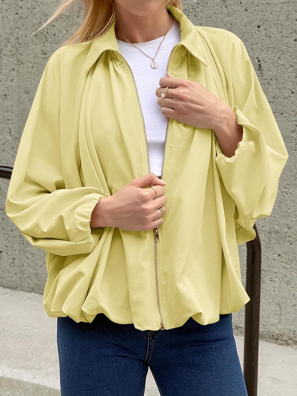 Tankaneo Women's Oversized Bomber Jacket - Stylish Batwing Sleeve & Zip-Up Design | Puffed Lapel Outerwear