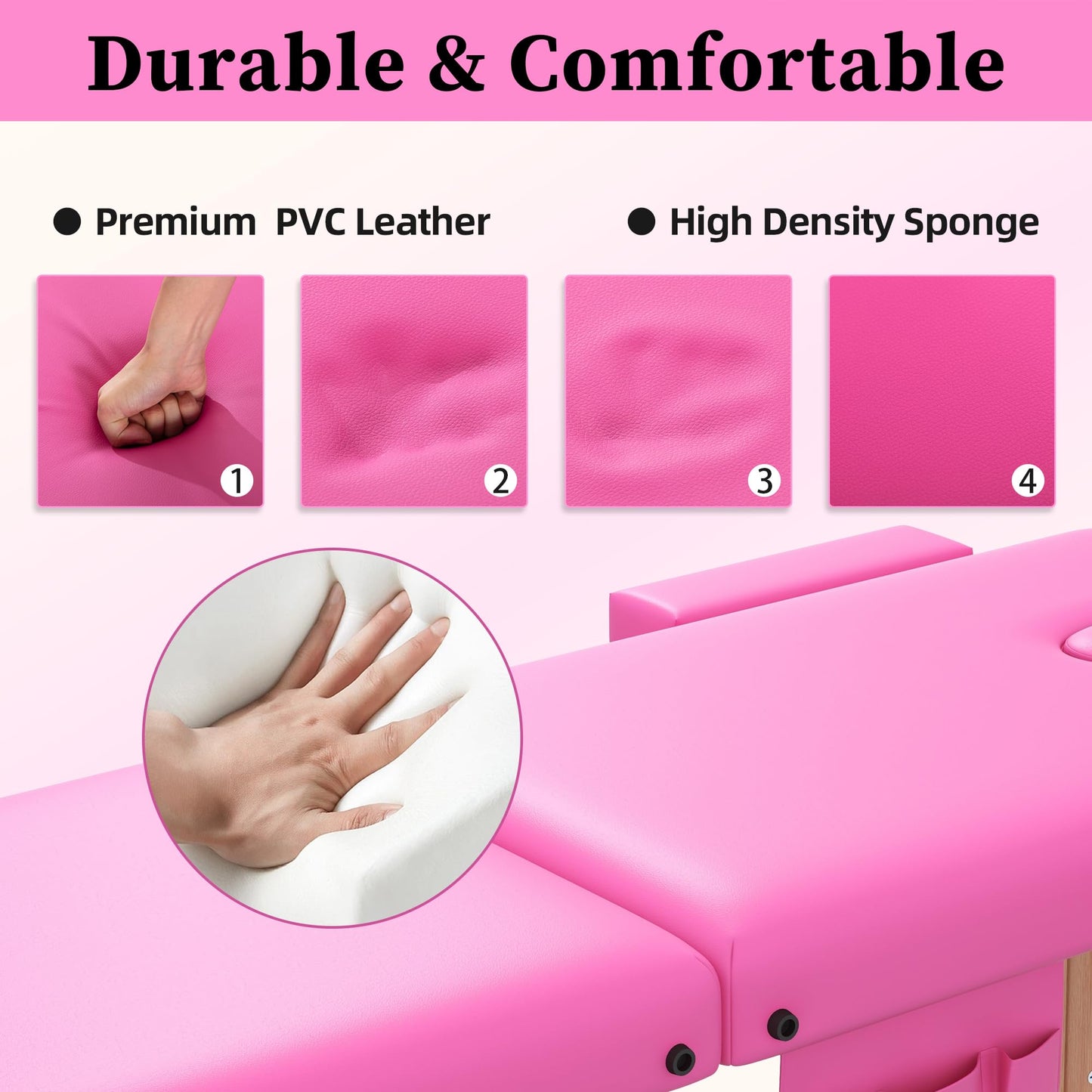 civama Massage Table Massage Bed Portable, 29 LBs Light Weight 2 Section Foldable Tattoo Bed Facial Care Spa Lash Bed Height Adjustable Sturdy Wooden Frame with Accessories Carrying Bag, Pink