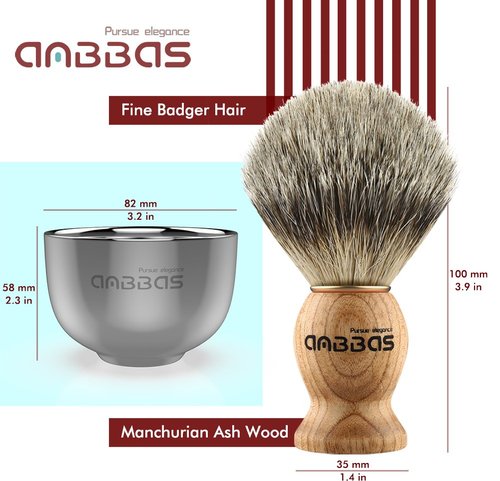 Anbbas Pure Badger Hair Shaving Brush Solid Manchurian Ash Wood Handle,Black Broken-Resistant Acrylic Shaving Stand,Stainless Steel Shaving Bowl Dia 3.2 inch and Goat Milk Soap 100g 4IN1 Set for Men