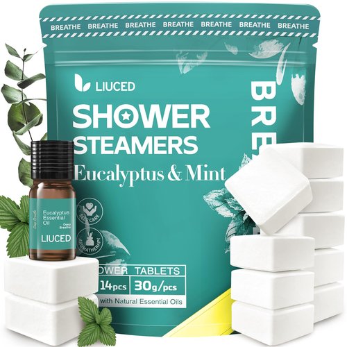 14+1 Shower Steamers - 14 Pack Eucalyptus & Mint Shower Bombs Aromatherapy and 5ml Natural Eucalyptus Essential Oils, Eucalyptus for Shower, Sinus Relief, Mothers Day Gifts for Mom Wife