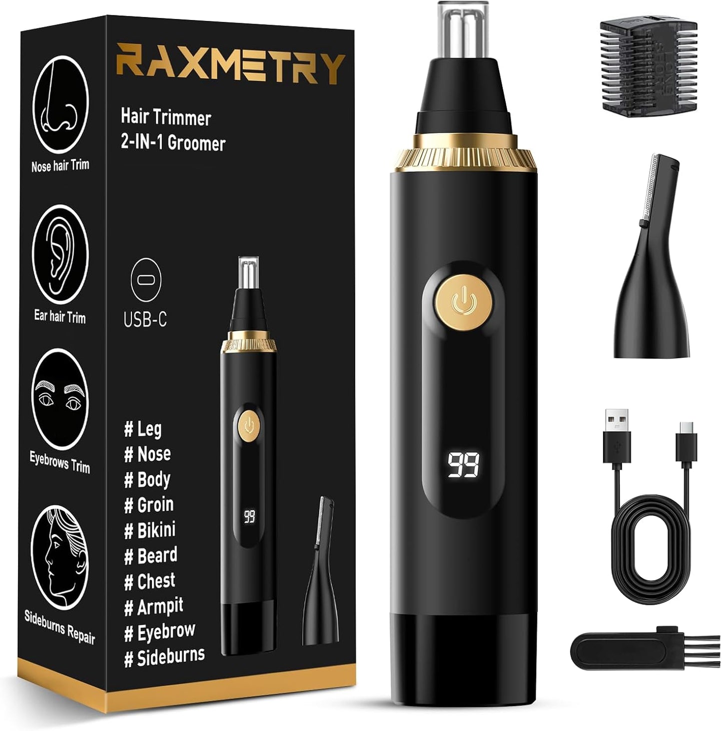 Skiennix Nose Hair Trimmer - Professional Painless & Waterproof | USB Rechargeable, LED Display, Black