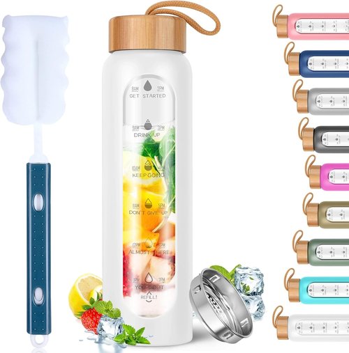 Aqulea Glass Water Bottle - 25 Oz BPA-Free Reusable with Silicone Sleeve & Fruit Infuser | Leak-Proof Design