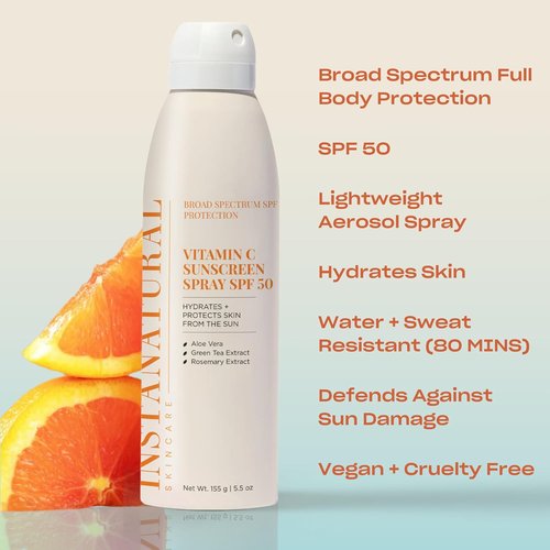 InstaNatural Vitamin C SPF 50 Sunscreen Spray - Brightening & Hydrating Sunblock with Aloe Vera | 5.5 Fl Oz