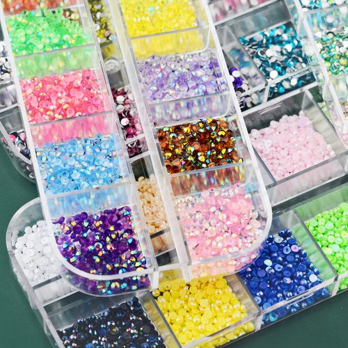 5 Boxes 13200pcs Sparkling Crystal Nail Rhinestones Pearls Kit, Flatback Multicolor Transparent Jelly AB Mermaid Gems with Pick Up Pen and Curved Tweezers for Manicure Salon & Craft DIY Designs (2mm)
