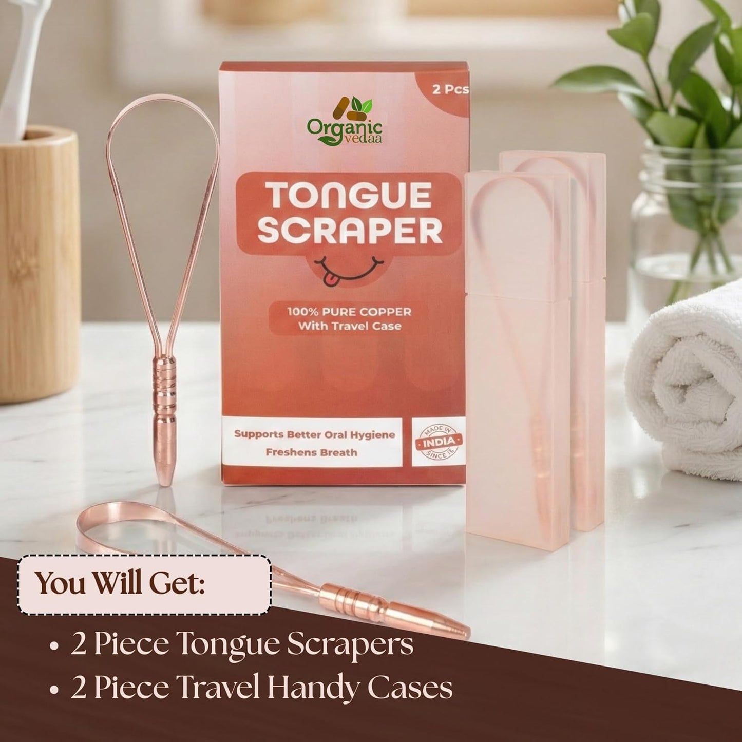 Skiennix Tongue Scraper for Adults - 100% Copper | Multicolor Travel Cases for Easy Oral Care