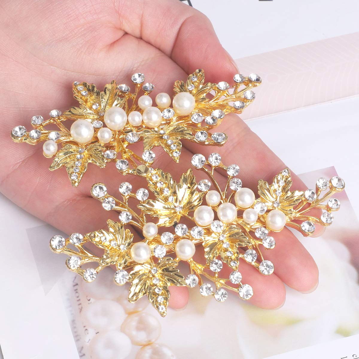 Sppry Wedding Hair Clips (2 Pcs) - Rhinestone Pearl Hair Accessories for Bridal Women (Gold)