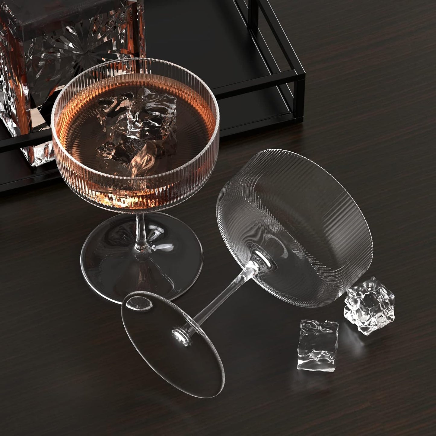 Skiennix 10 oz Ribbed Coupe Cocktail Glass Set - Elegant Hand Blown Martini Glasses in Gift Box (6 Pcs)