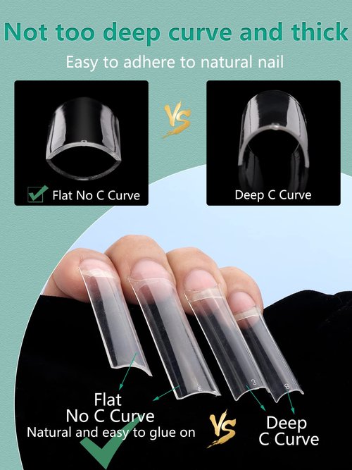 504 PCS No C Curve Clear Nail Tips for Acrylic Nails Professional, 3XL Extra Long, 12 Sizes Half Cover Straight Tapered Square French Fake Nail Tips for Nail Salons Home DIY