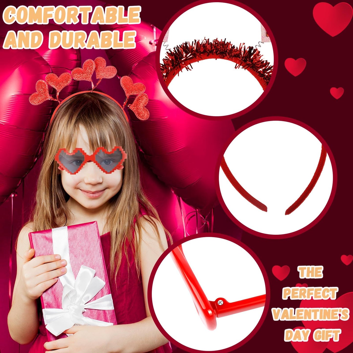 12 Pcs Heart Headbands and Heart Sunglasses, Valentine's Day Heart Boppers, Cupid Hair Hoop Heart Eyeglasses Headwear Headdress, Valentine's Costume Accessories