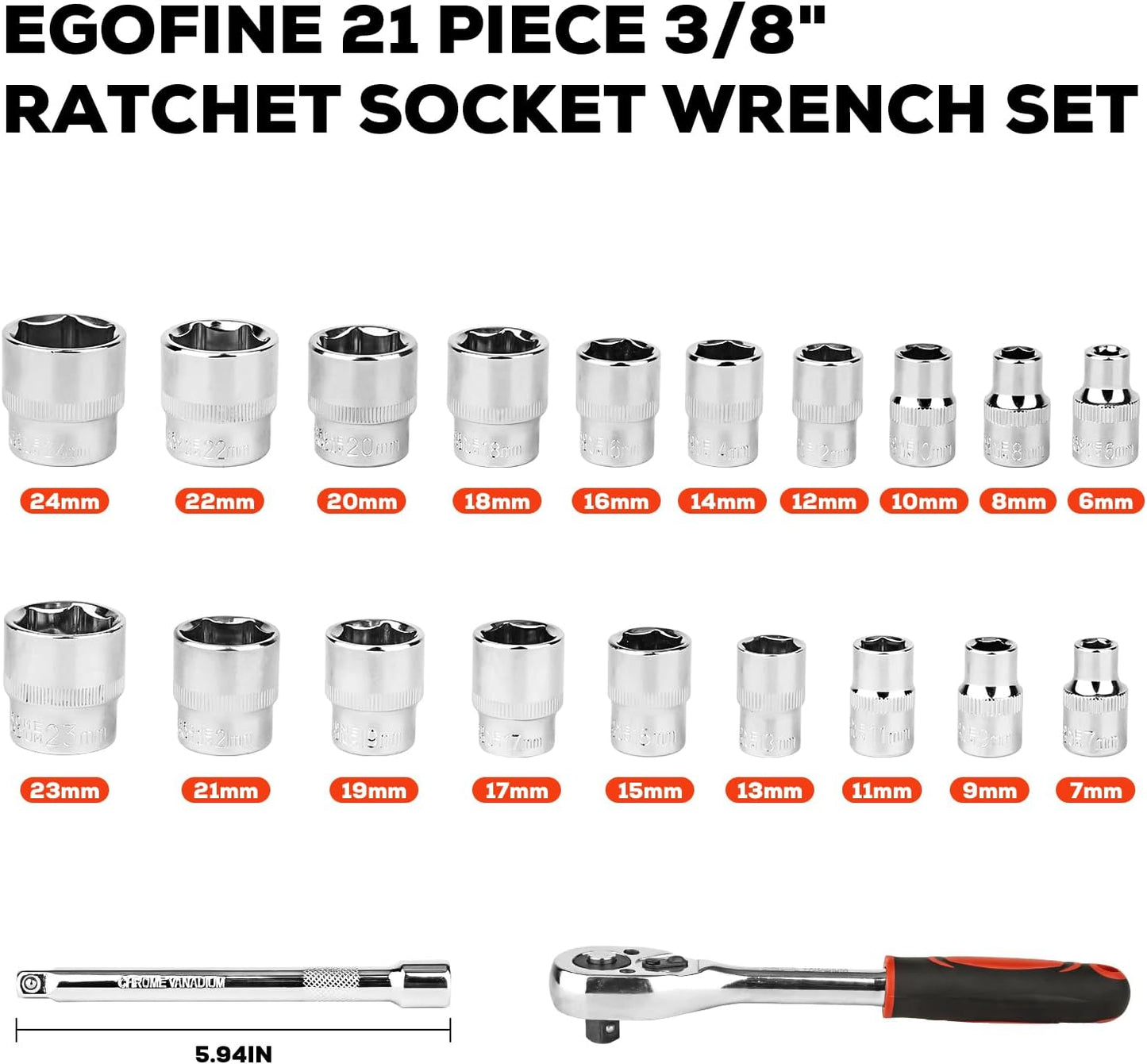 Egofine 21-Piece Ratchet Socket Wrench Set - 3/8 Inch Drive with 19 Sockets (6-24mm) & Quick Release Handle