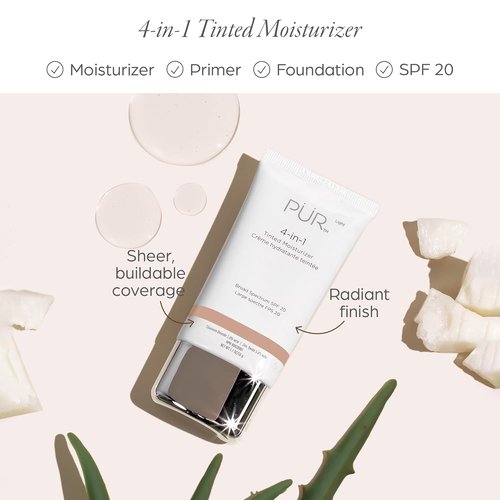 PÜR MINERALS Tinted Moisturizer SPF 20 - Hydrating Primer & Foundation with Shea Butter, Aloe Vera & Vitamin B3 - Vegan & Paraben-Free