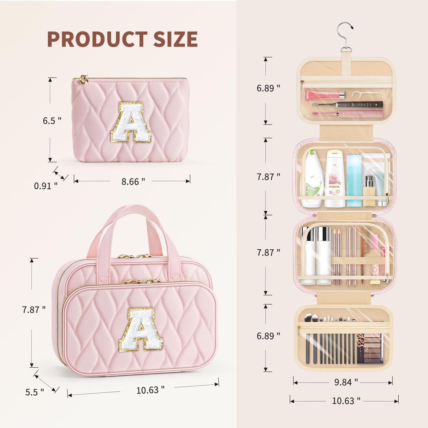 YOOLIFE Hanging Toiletry Bag Makeup Bag for Women Girls, Initial Toiletry Bag Cosmetic Bag, Personalized Birthday Gifts for Women Teen Girls Letter Pink A