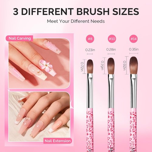 MelodySusie Acrylic Nail Brush Set - Professional 3-Piece Tool for Acrylic Art | Sizes 8/10/14 - Pink