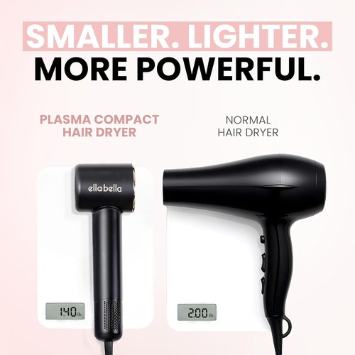 ELLA BELLA® Compact Plasma Hair Dryer - Advanced Technology, Rapid Drying & Low Noise | Includes Travel Bag & Diffuser