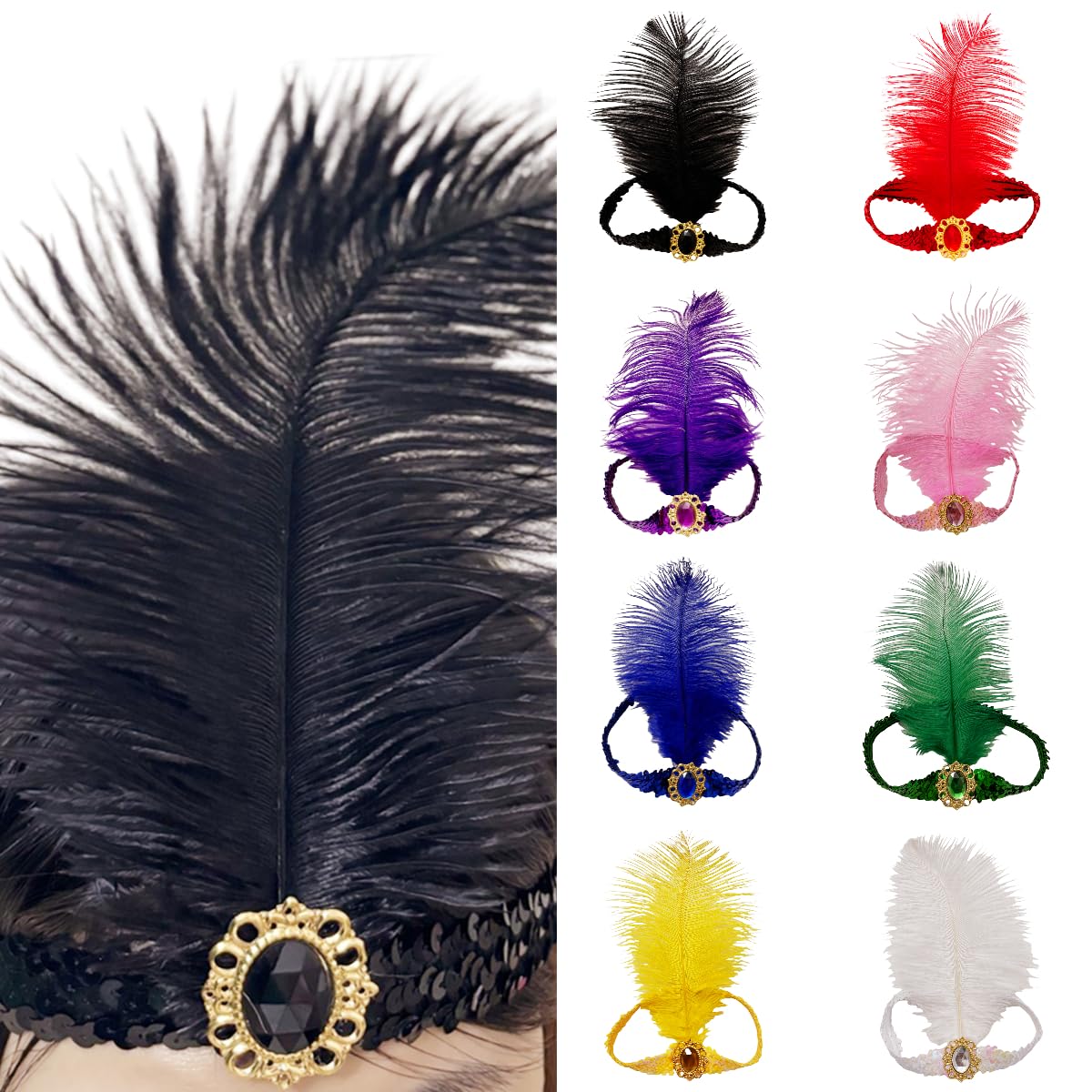 XKTEI 2 Pieces Feather Headpiece,Sequins 1920s Flapper Headband,Mardi Gras Carnival Party Headwear Costume Accessory,Girls Women (Green, Free Size)