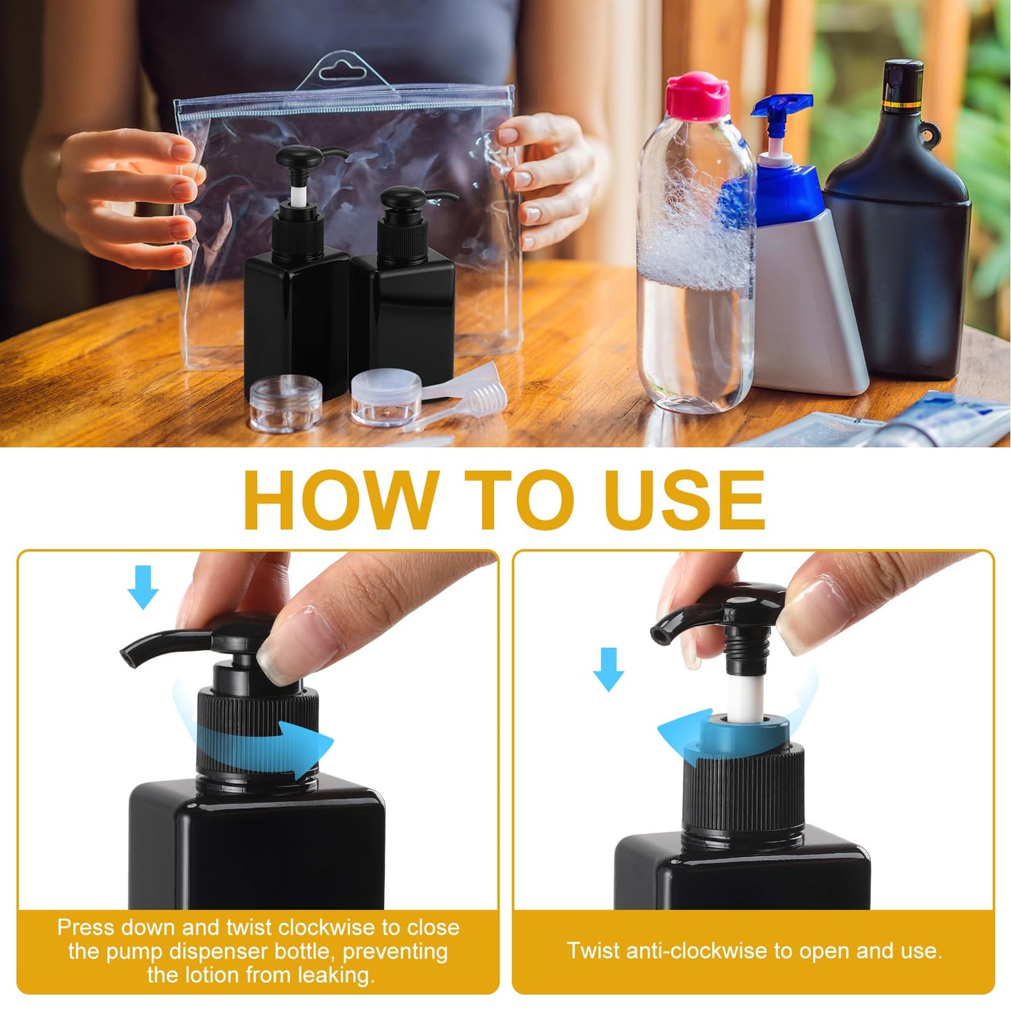 Domensi 24 Pcs 100ml /3.4 oz Pump Bottle Mini Travel Bottles Small Dispenser Containers Plastic Pump Lotion Dispenser Empty Square Travel Size Containers Toiletries (Whole Black)