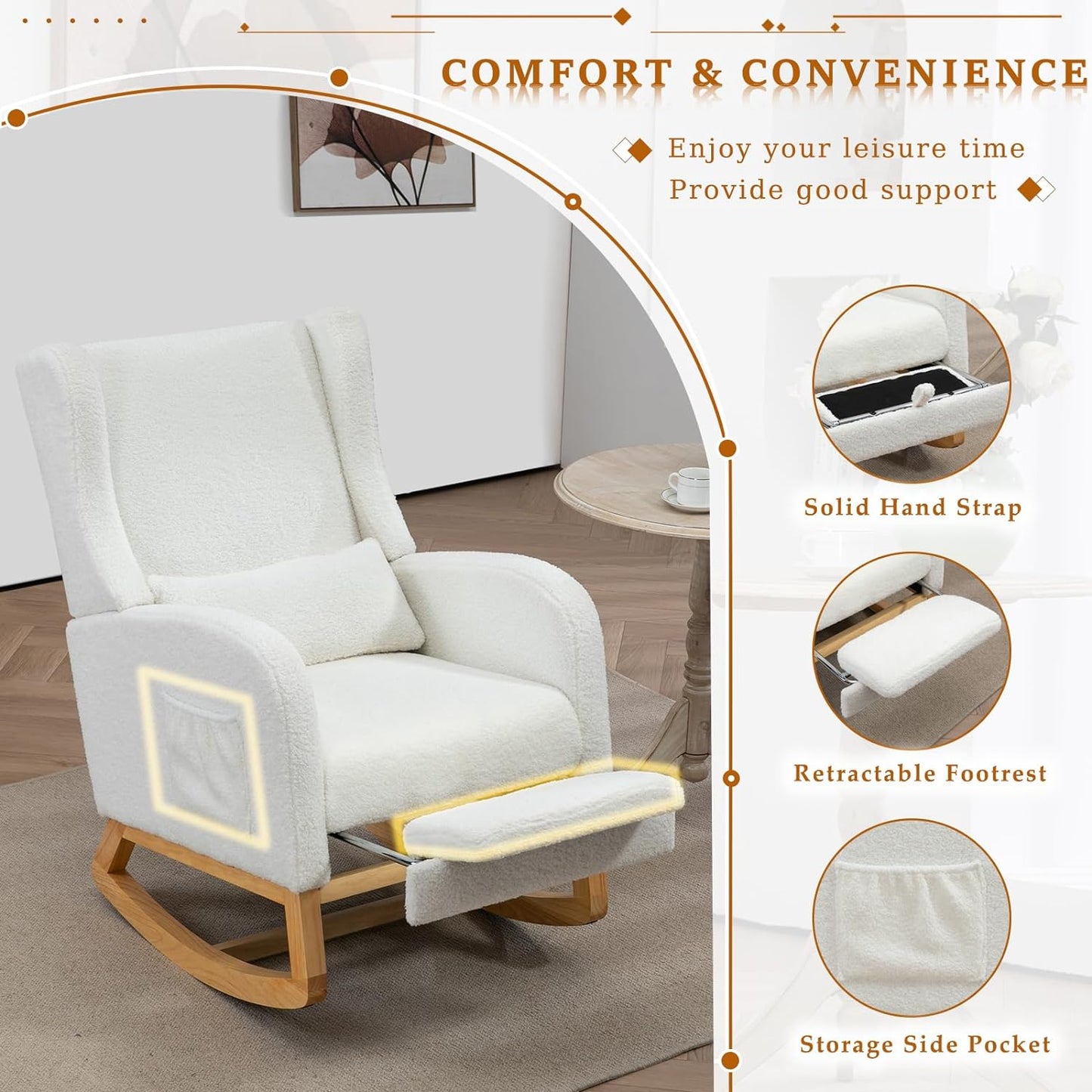 Modern Rocking Chair Nursery Glider, Comfy Rocker Nursery Chair with Foot Rest, Accent Reading Chair with Pillow and Pocket, Upholstered Lounge Chair with Solid Wood Base for Relaxing, Resting (Ivory)