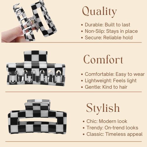 LuSeren 4 Pack 3 Inch colorful Hair Claw Clips for Women, Medium Rectangle Acetate Jaw Clips in Black, Pink,Green, Blue, Stylish Checkered Hair Accessories for Girls