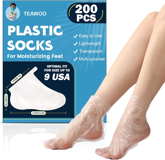 TEAWOO Plastic Foot Covers - Leak-Proof Moisturizing Foot Masks for Pedicure Care | 200PCS with Stickers (Fits Up to USA 9)